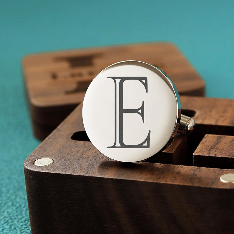 SeemDanten Mens Classic Initial Cuff links A-Z Alphabet 26 Letters Stainless Steel Silver CuffLinks with Engraved Walnut Wood Gift Box Business Wedding Set - Image 4